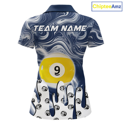 Blue marble swirl 8 ball and 9 ball billiard polo shirt for women with custom pool team graphics.