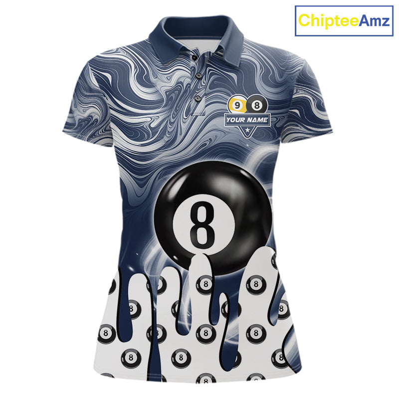 Blue marble swirl 8 ball and 9 ball billiard polo shirt for women with custom pool team graphics.