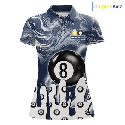 Blue marble swirl 8 ball and 9 ball billiard polo shirt for women with custom pool team graphics.