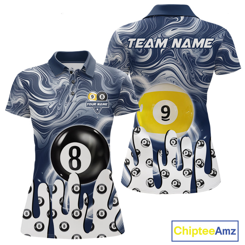 Blue marble swirl 8 ball and 9 ball billiard polo shirt for women with custom pool team graphics.