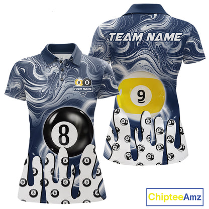 Blue marble swirl 8 ball and 9 ball billiard polo shirt for women with custom pool team graphics.