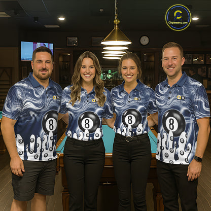 Pool team wearing matching blue marble swirl 8 ball and 9 ball billiard jerseys during tournament competition front view.