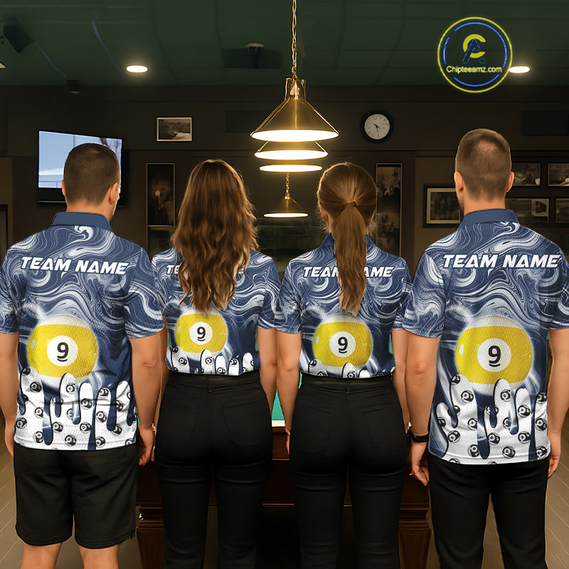 Back view of pool players wearing matching blue marble swirl billiard shirts in a game room.