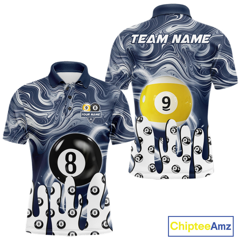 Blue marble swirl 8 ball and 9 ball billiard polo shirt for men with custom pool team graphics.