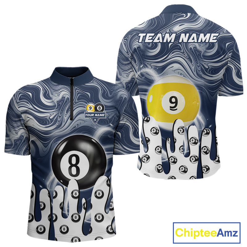Blue marble swirl 8 ball and 9 ball billiard quarter zip shirt for men designed for league tournaments and team events.
