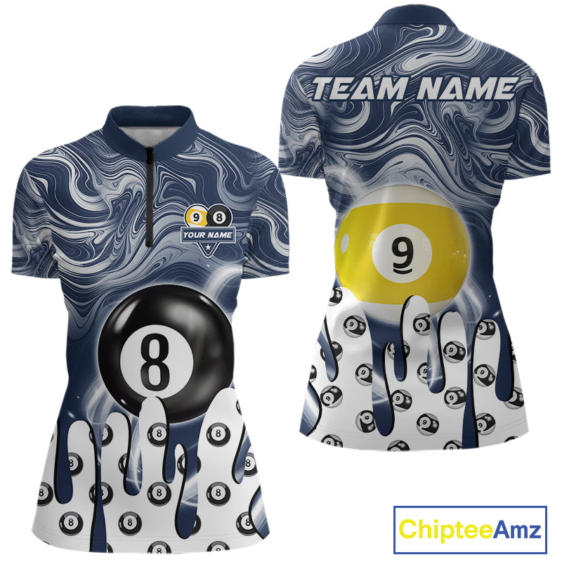 Blue marble swirl 8 ball and 9 ball billiard quarter zip shirt for women designed for league tournaments and team events.