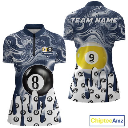 Blue marble swirl 8 ball and 9 ball billiard quarter zip shirt for women designed for league tournaments and team events.