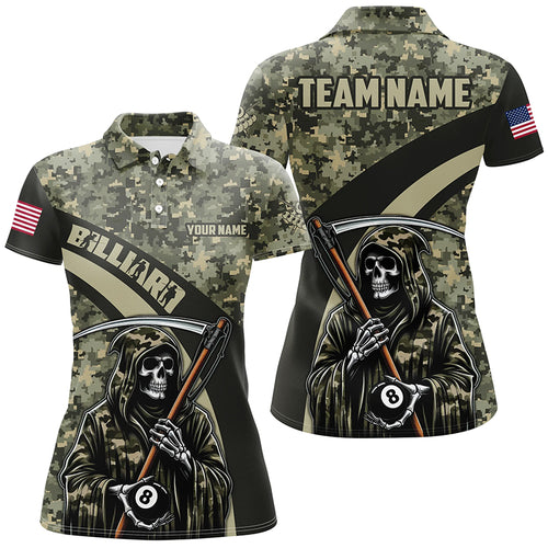 Personalized Death Skeleton Green Camo Billiard Shirts For Women Custom Military Billiard Jerseys TDM2062