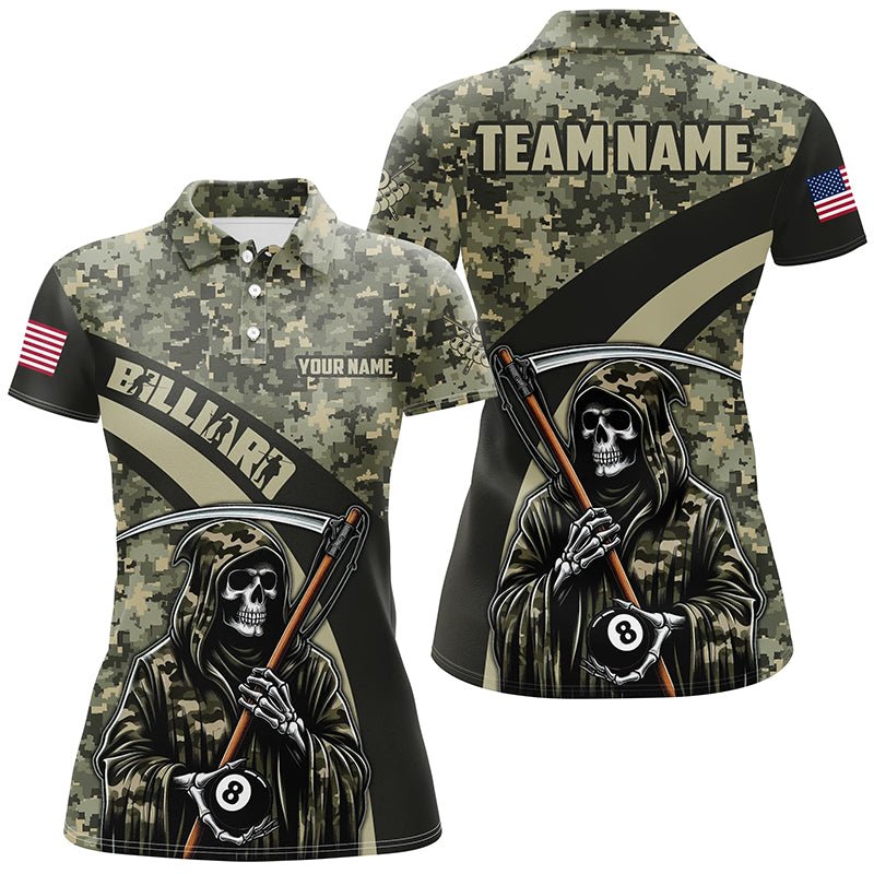 Personalized Death Skeleton Green Camo Billiard Shirts For Women Custom Military Billiard Jerseys TDM2062