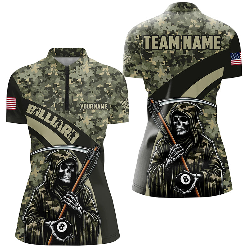 Personalized Grim Reaper Green Camo Billiard Shirts For Women Custom Military Billiard Jerseys TDM2062