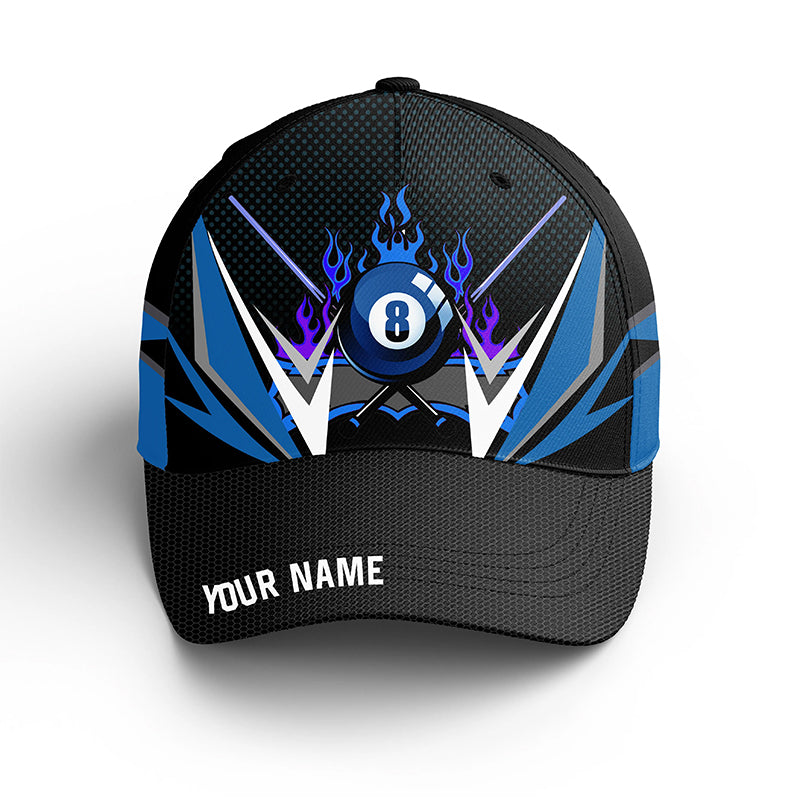 Personalized Billiard Blue Flame Caps, Custom 3D 8 Ball Billiard Hats For Pool Lover TDM0155