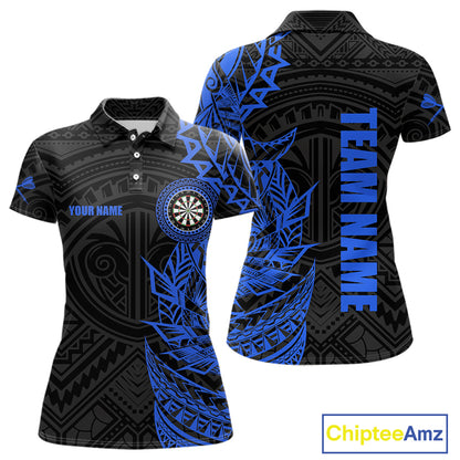 Personalized Black And Blue Tribal Darts Polo & Quarter Zip Custom Dart Shirts For Women Dart Jersey TDM4826