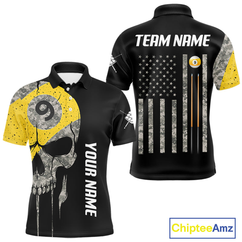 Personalized 9 Ball Camo Skull Billiard Shirt For Men, US Flag Pool Team Jerseys Polo & 1/4 Zip TDM5251