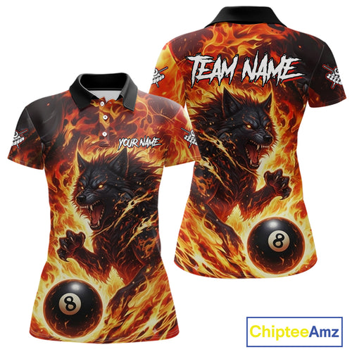 Orange Flaming Wolf 8 Ball Pool Billiard Shirt For Women Custom Billiard League Team Jersey TDM5252