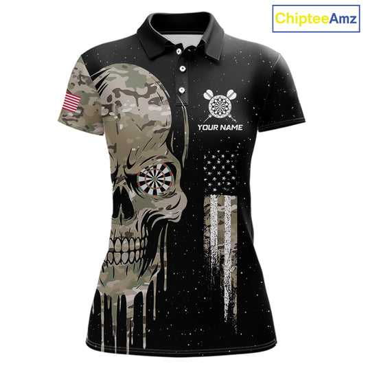 Black Grunge Camo Skull US Flag Dart Shirt For Women Custom Patriotic Dart Jersey Team Polo, 1/4 Zip TDM5773