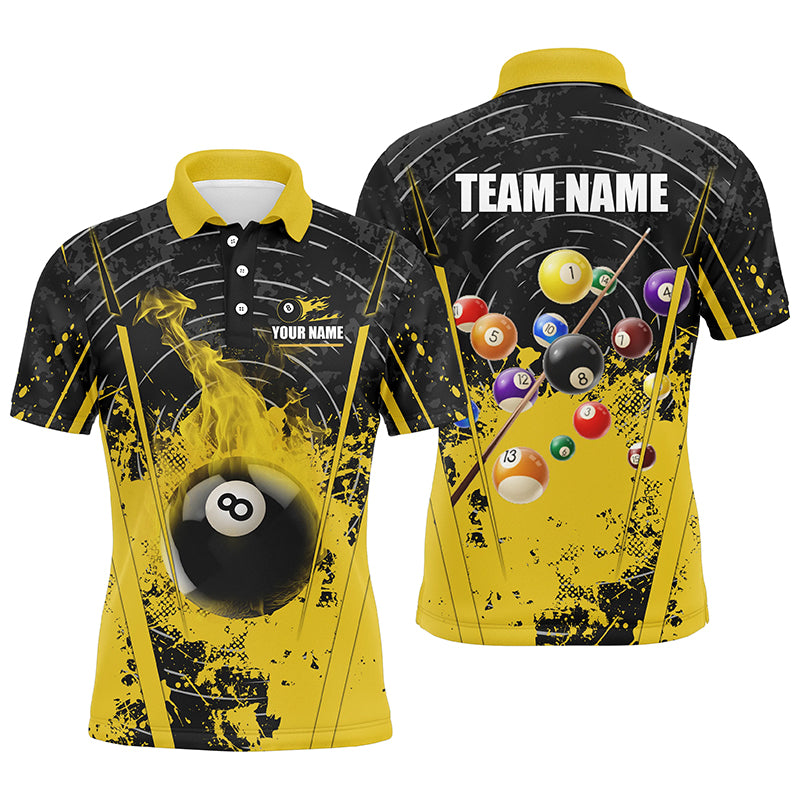 Personalized Black Yellow 8 Ball Pool Flame Paint Men Polo Shirts Custom Billiard Jersey Attire TDM1279