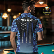 Load image into Gallery viewer, Custom Blue Camo US Flag 8 Ball Pool Shirt For Men, Billiard Team Jersey Polo &amp; 1/4 Zip TDM6139
