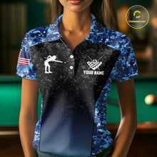 Load image into Gallery viewer, Custom Blue Camo US Flag 8 Ball Pool Shirt For Women, Billiard Team Jersey Polo &amp; 1/4 Zip TDM6139