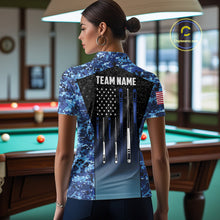 Load image into Gallery viewer, Custom Blue Camo US Flag 8 Ball Pool Shirt For Women, Billiard Team Jersey Polo &amp; 1/4 Zip TDM6139