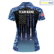 Load image into Gallery viewer, Custom Blue Camo US Flag 8 Ball Pool Shirt For Women, Billiard Team Jersey Polo &amp; 1/4 Zip TDM6139