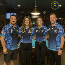 Load image into Gallery viewer, Custom Blue Camo US Flag 8 Ball Pool Shirt For Women, Billiard Team Jersey Polo &amp; 1/4 Zip TDM6139