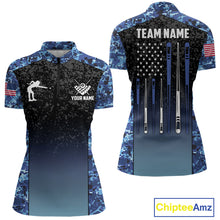 Load image into Gallery viewer, Custom Blue Camo US Flag 8 Ball Pool Shirt For Women, Billiard Team Jersey Polo &amp; 1/4 Zip TDM6139