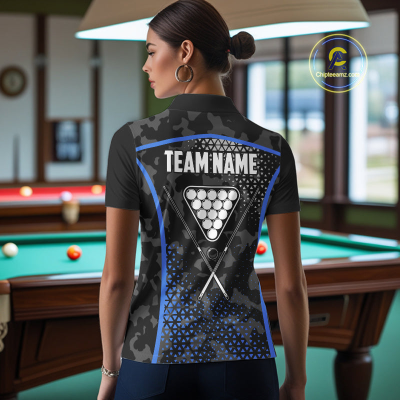Black And Blue 8 Ball Pool Billiard Shirt For Women Custom Camo Billiard Team Jersey Polo & 1/4 Zip TDM6567