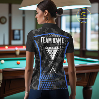 Black And Blue 8 Ball Pool Billiard Shirt For Women Custom Camo Billiard Team Jersey Polo & 1/4 Zip TDM6567