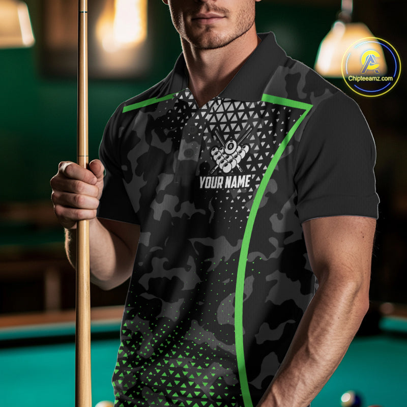 Black And Green 8 Ball Pool Billiard Shirt For Men Custom Camo Billiard Team Jersey Polo & 1/4 Zip TDM6568