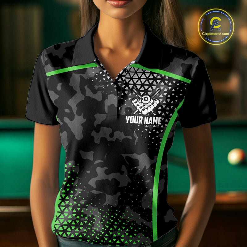 Black And Green 8 Ball Pool Billiard Shirt For Women Custom Camo Billiard Team Jersey Polo & 1/4 Zip TDM6568