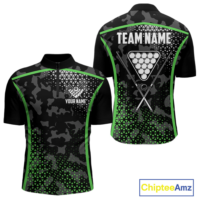 Black And Green 8 Ball Pool Billiard Shirt For Men Custom Camo Billiard Team Jersey Polo & 1/4 Zip TDM6568