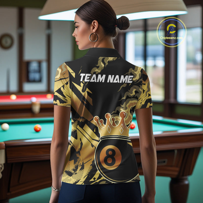 Personalized Golden 8 Ball Crown Billiard Shirt For Women, Pool King Team Jerseys Polo & 1/4 Zip TDM4236
