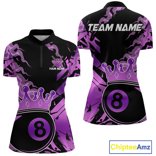 Personalized Purple 8 Ball Crown Billiard Shirt For Women, Pool King Team Jerseys Polo & 1/4 Zip TDM4237