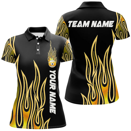 Fire Flame Yellow 9 Ball Pool Custom Black Billiard Shirts For Women, Best 9 Ball Jerseys Apparel TDM2288