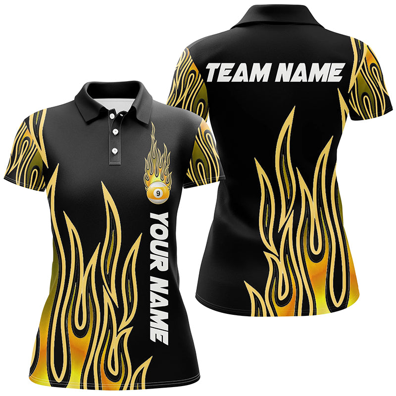 Fire Flame Yellow 9 Ball Pool Custom Black Billiard Shirts For Women, Best 9 Ball Jerseys Apparel TDM2288