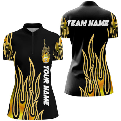 Fire Flame Yellow 9 Ball Pool Custom Black Billiard Shirts For Women, Best 9 Ball Jerseys Apparel TDM2288