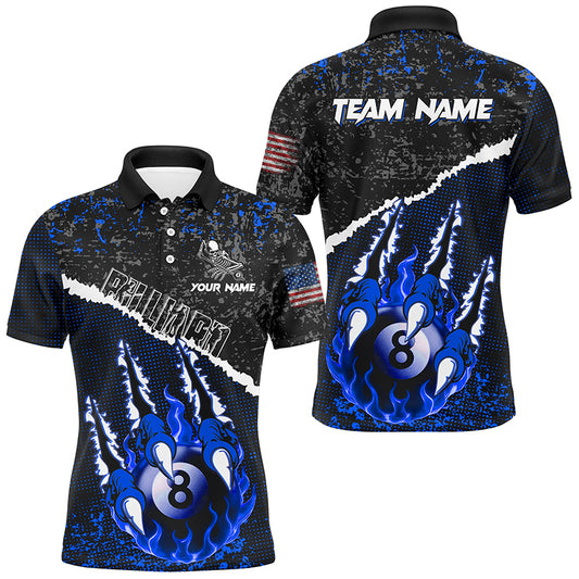 Funny Claws Custom Fire Flame 8 Ball Billiard Shirts For Men, Grunge Billiard Jerseys |Blue TDM2795
