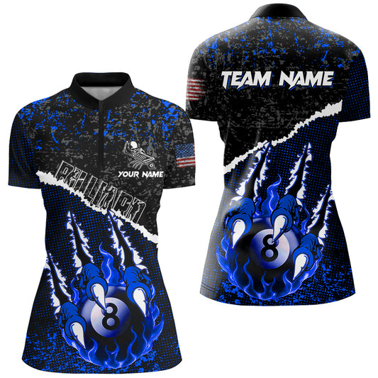 Funny Claws Custom Fire Flame 8 Ball Billiard Shirts For Women, Grunge Billiard Jerseys |Blue TDM2795