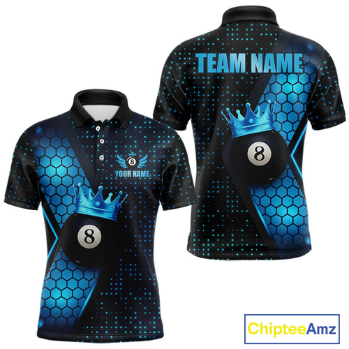 Personalized Blue 8 Ball Pool Crown Hexagon Billiard Shirt For Men, Billiard League Team Jersey TDM5046