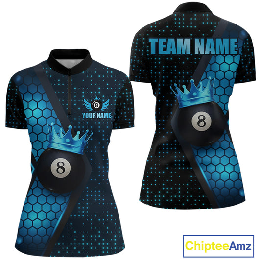 Personalized Blue 8 Ball Pool Crown Hexagon Billiard Shirt For Women, Billiard League Team Jersey TDM5046