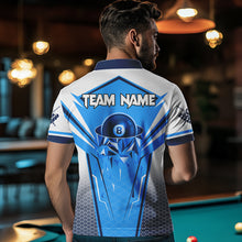 Load image into Gallery viewer, Personalized Blue And White  8 Ball Billiard Shirts For Men Custom 8 Ball Pool Billiard Team Jersey TDM3469