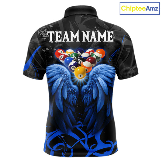 Black And Blue 8 Ball Wings Billiard Shirt For Men Custom Tribal Pool Jersey Team Polo & 1/4 Zip TDM5775