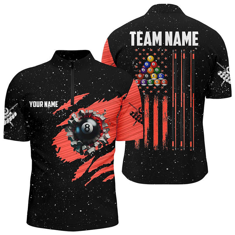 Customized Grunge American Flag 8 Ball Pool Men Quarter-Zip Shirts Pool Player Shirts |Red TDM1114