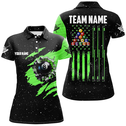 Customized Grunge American Flag 8 Ball Pool Women Billiard Polo Shirts, Pool Player Shirts |Green TDM1116