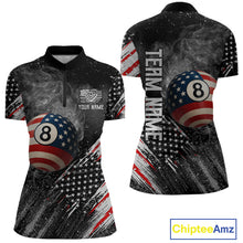 Load image into Gallery viewer, Personalized Grunge American Flag Women&#39;s Billiard Shirts Custom 8 Ball Pool Smoke Team Jerseys TDM4054