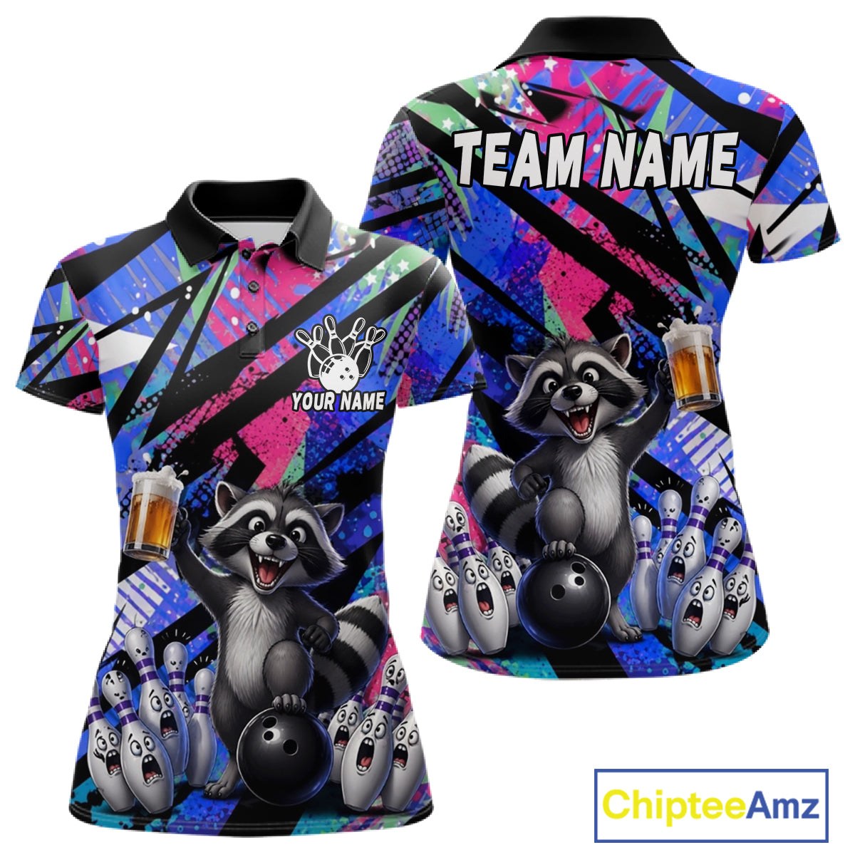 Funny Raccoon Colorful Graffiti Bowling Jersey For Women Custom Bowling Polo & 1/4 Zip Team Shirts TDM6572