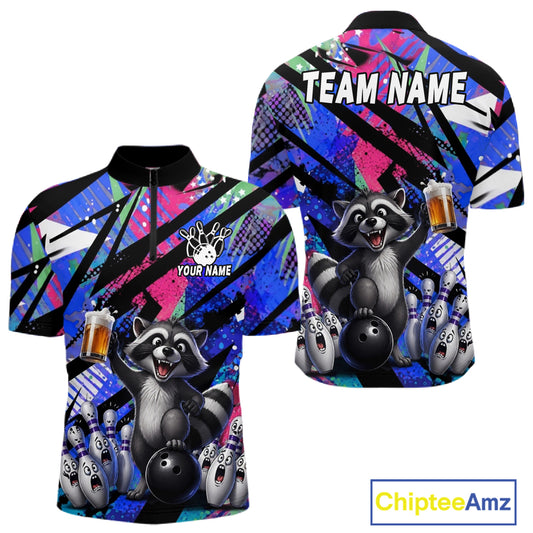 Funny Raccoon Colorful Graffiti Bowling Jersey For Men Custom Bowling Polo & 1/4 Zip Team Shirts TDM6572