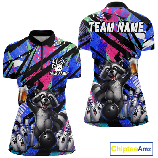 Funny Raccoon Colorful Graffiti Bowling Jersey For Women Custom Bowling Polo & 1/4 Zip Team Shirts TDM6572