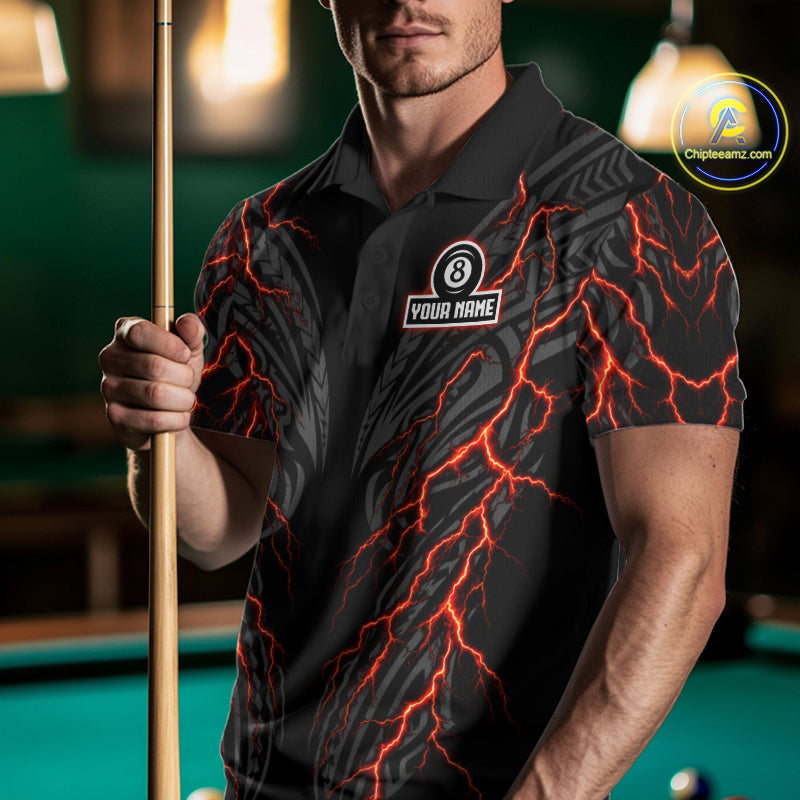 Male pool player wearing Thunder Lightning Tribal 8 Ball billiard jersey during competitive tournament play