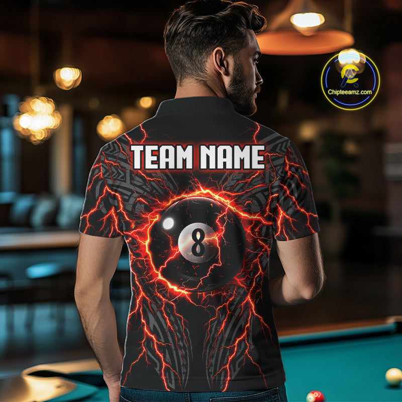 Male pool player wearing Thunder Lightning Tribal 8 Ball billiard jersey during competitive tournament play